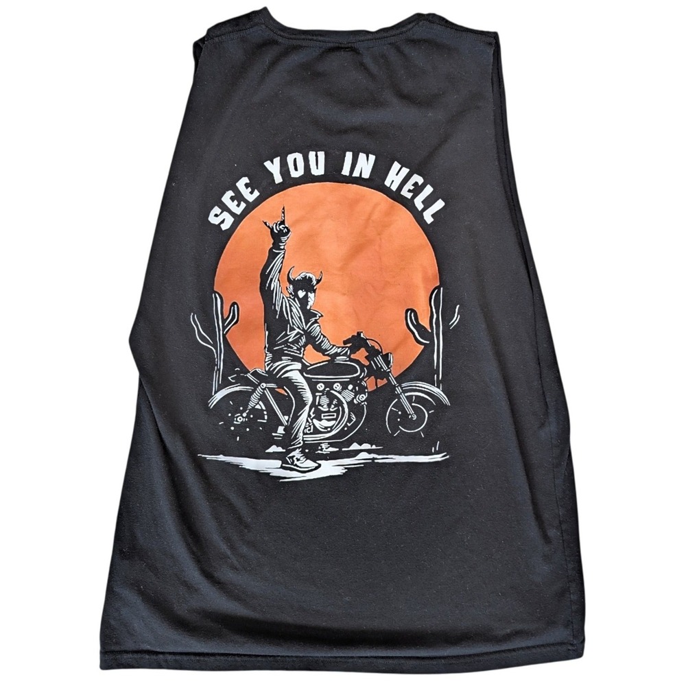 Black Large Muscle Shirt Tank Top See You in Hell horned devil on a motorcycle